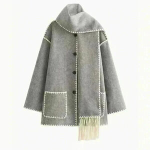 Viral TikTok Contrast Trim Jacket With Matching Scarf